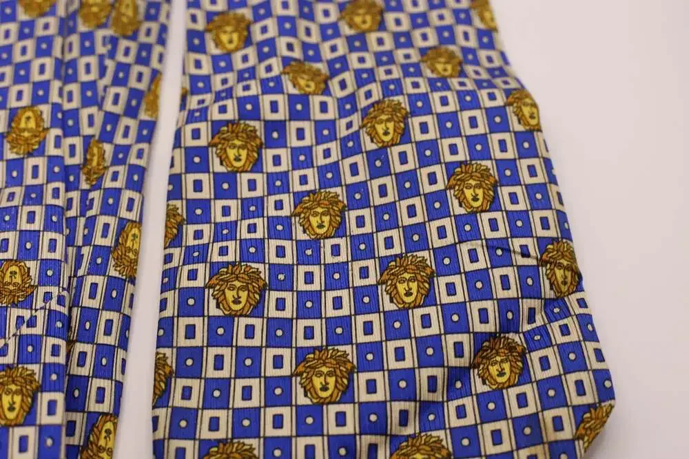 Gianni Versace Blue and Gold Medusa Head Geometric Silk Necktie